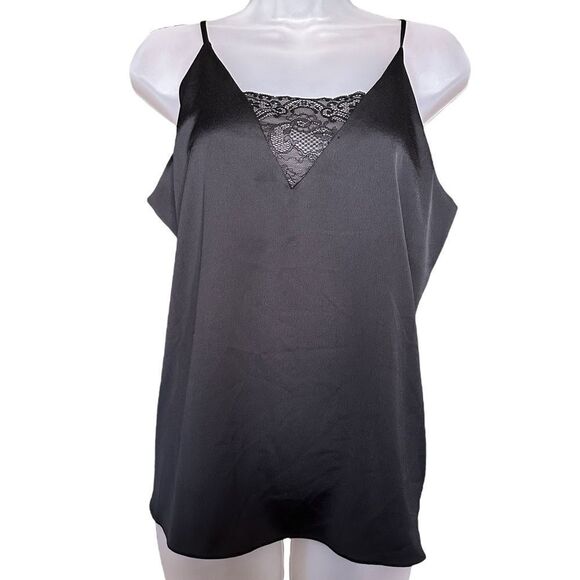 Black Satiny Lace Cami Tank Minimalist Top Academia Business Shirt Top - Picture 1 of 3